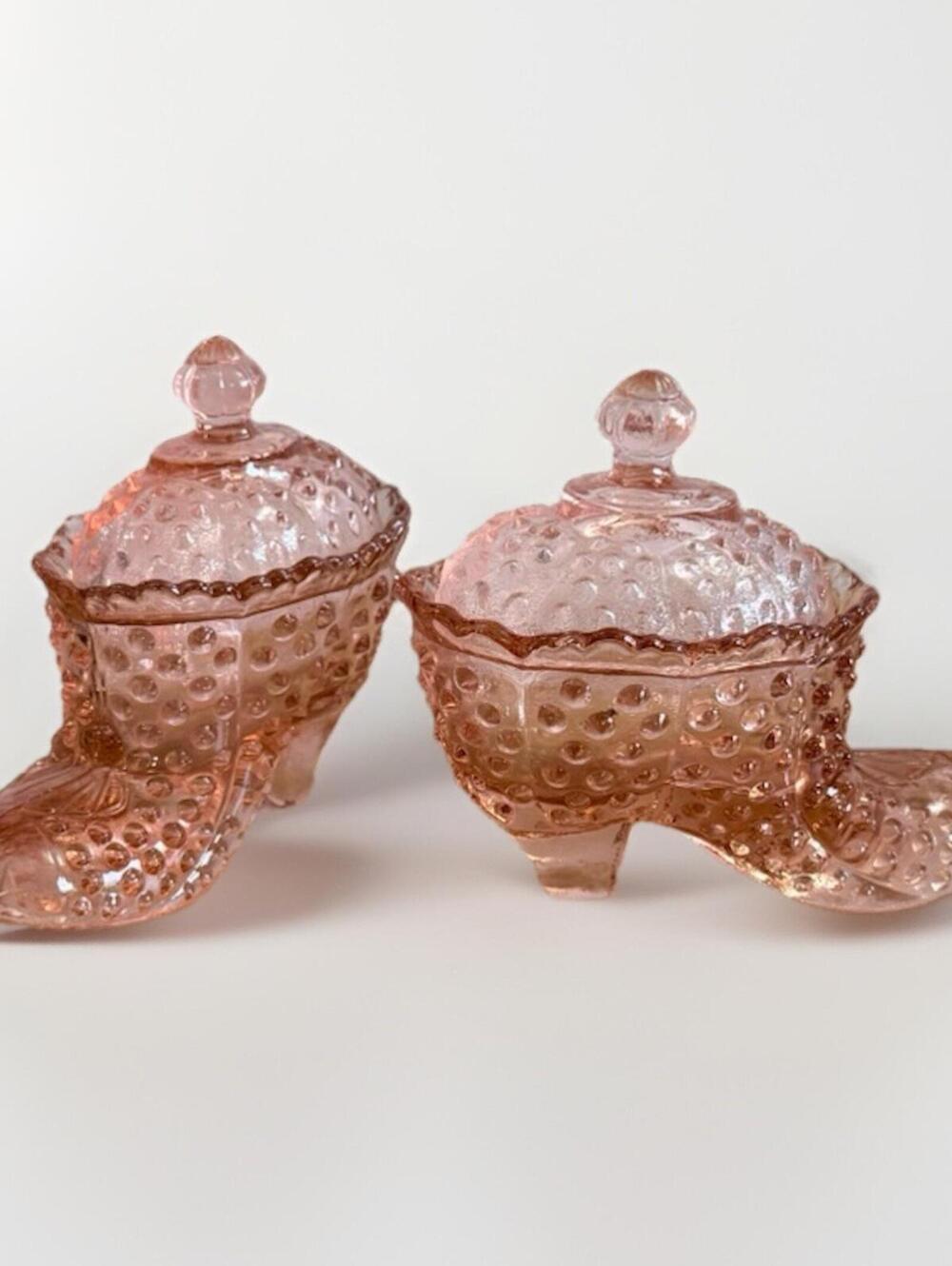 Vintage Glass Pink Hobnail Pattern  Shoe w/ Lid Dish Set Of 2 Taiwan 1970s